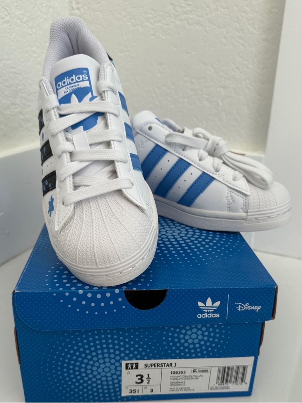 adidas Kids White Sneakers with Black Stripes and Blue Accents - Picture 2 of 4